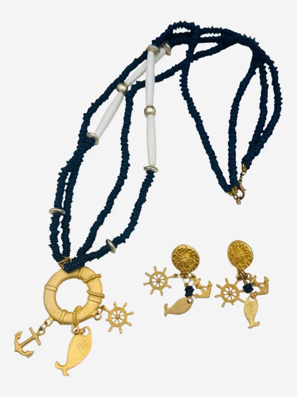 Vintage Artisan Navy Blue and Gold Nautical Charm Necklace w/ Matching Earrings